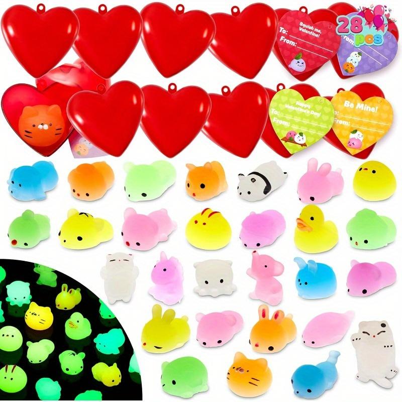 JOYFY 28er Set Valentinstag Party-Mitgebsel mit 28 leuchtenden Mochi Squishy Spielzeugen, gefüllten Herzen und Herz-Karten