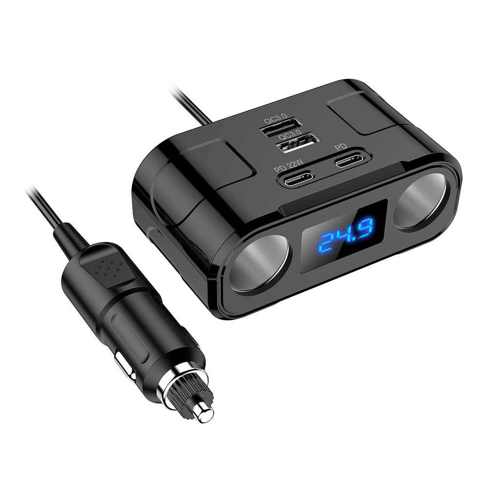 QC3.0 USB-Autoladegerät 2 Typ-C + 2 USB Blaue LED-Digitalanzeige 22 W DC 12 V-24 V Dual-USB-Netzteil Auto-Zigarettenanzünderbuchse