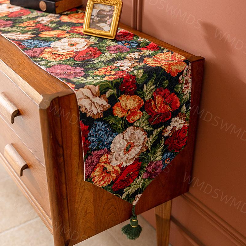French High-End Fabric Tassel Table Runner for Living Room or Dining Room