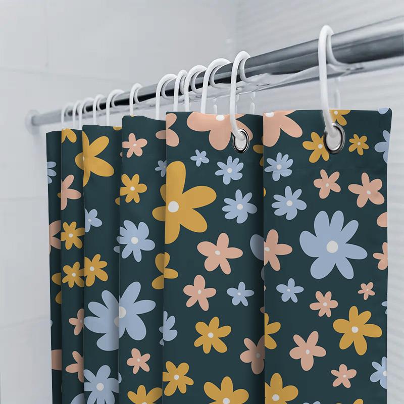 Beautiful Floral Shower Curtain Set Blue, Yellow Pink Flowers On Dark Green Background Perfect For Bathroom Decor!