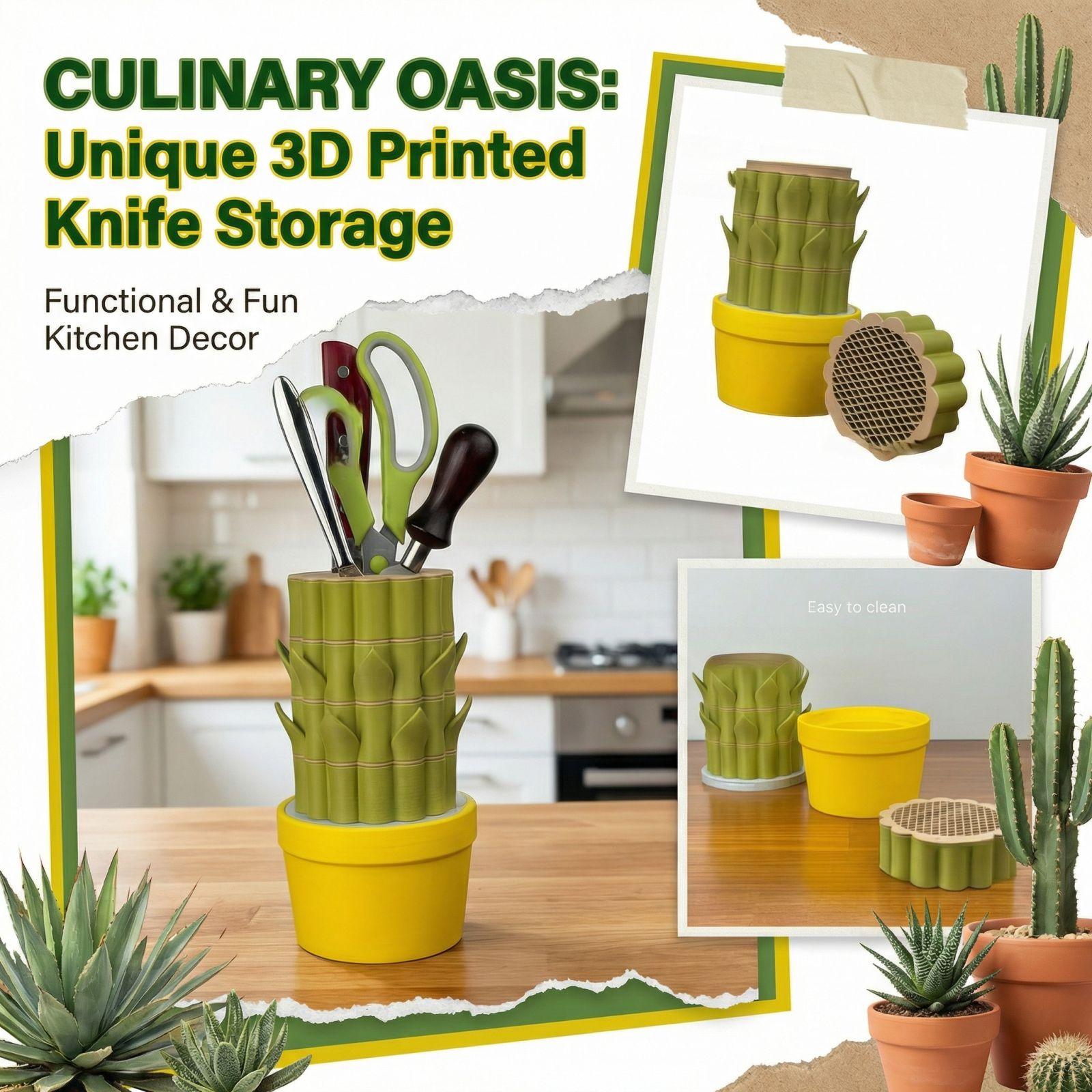 

3D Printed Cactus Kitchen Knife Holder One Size зелёный