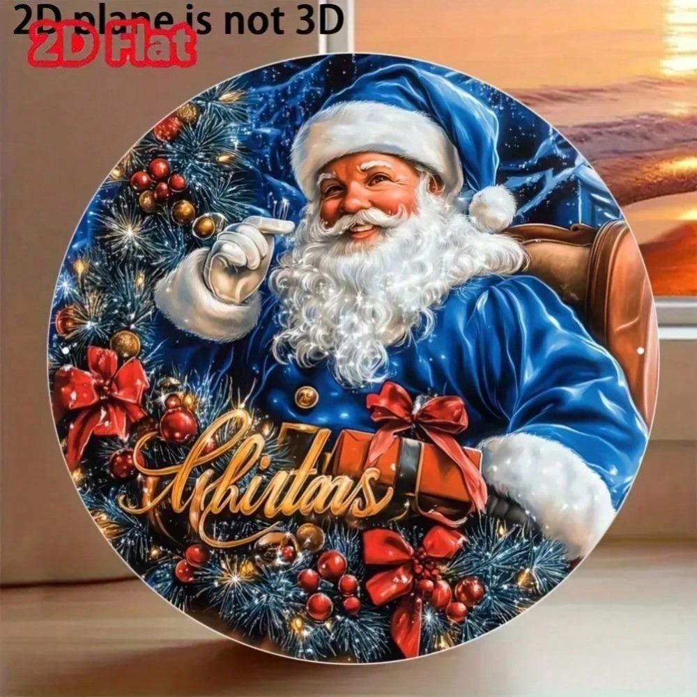 3D Santa Wreath Metal Wall Decor Blue Round Sign for Garden Garage