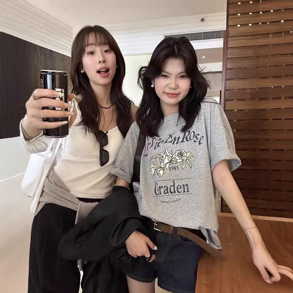 Loose and Relaxed Style Round-neck Letter-print Short-sleeved T-shirt Top
