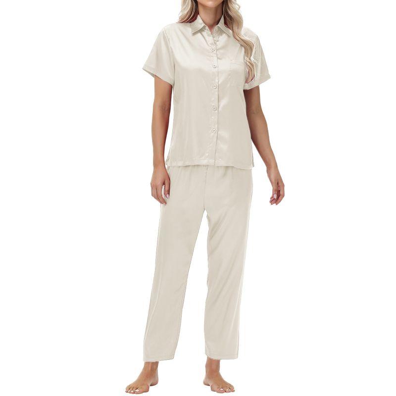 

Женский пижамный комплект из атласной ткани однотонного цвета, с коротким рукавом, рубашка на пуговицах с лацканами и брюки, домашняя одежда L