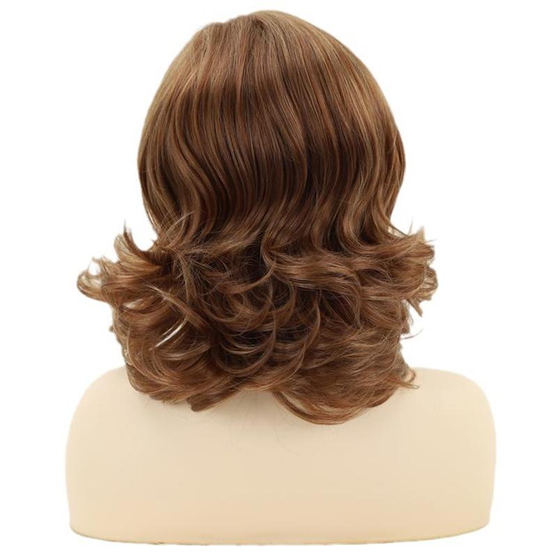 Synthetic Elegant Short Curly Wave Hair Brown Bob Wig Side Parting Bangs for Women Natural Fluffy Daily Cosplay Party