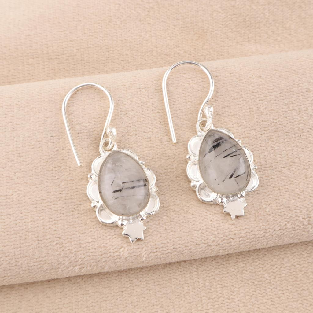 Black Rutile Gemstone Jewelry, 925 Solid Sterling Silver Earrings, Beautiful Silver Earrings, Handmade Bohemian Jewelry For Wedding Gift