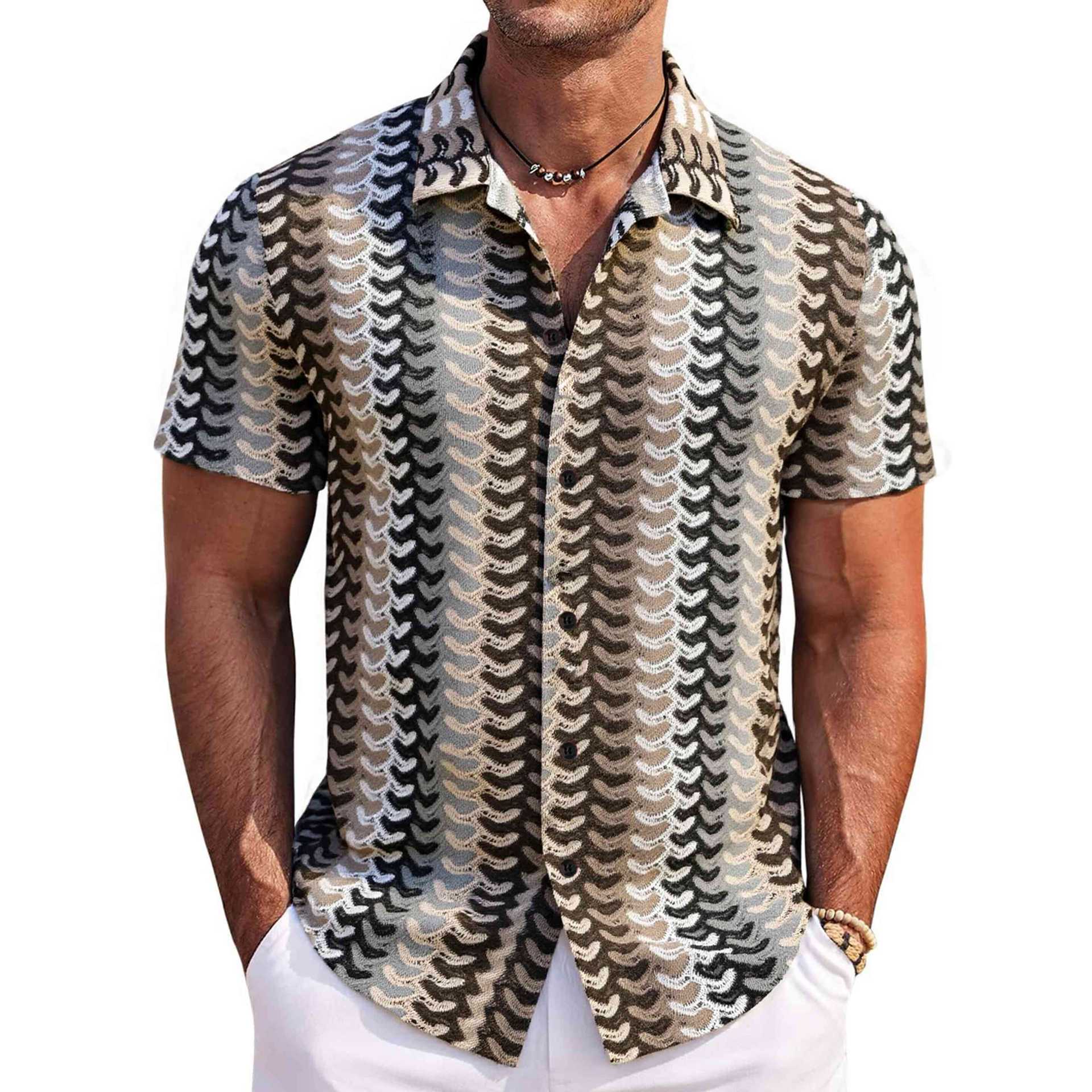 

Мужская повседневная рубашка с коротким рукавом, принт абстрактные перья, воротник на пуговицах, несколько вариантов цвета M хаки