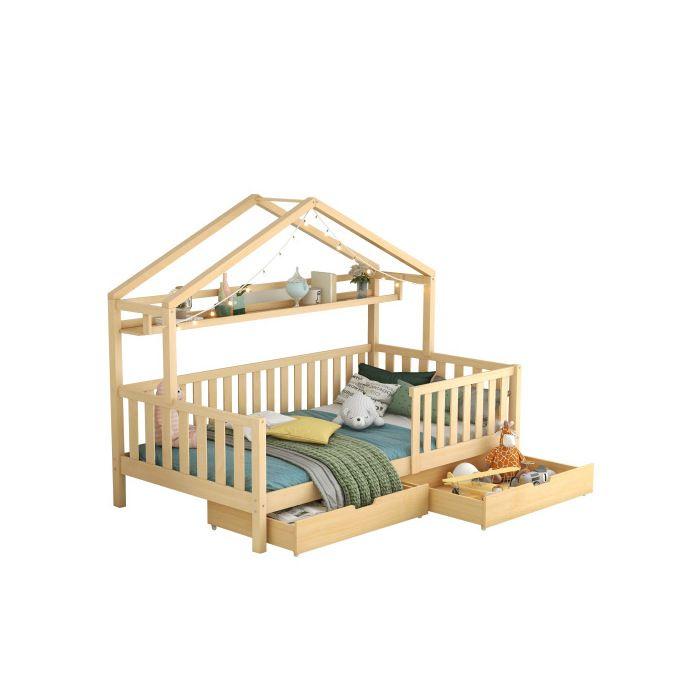 Łóżko dziecięce - MUVOE - 90x200 cm - Lite drewno - Szuflady do przechowywania - Styl skandynawski