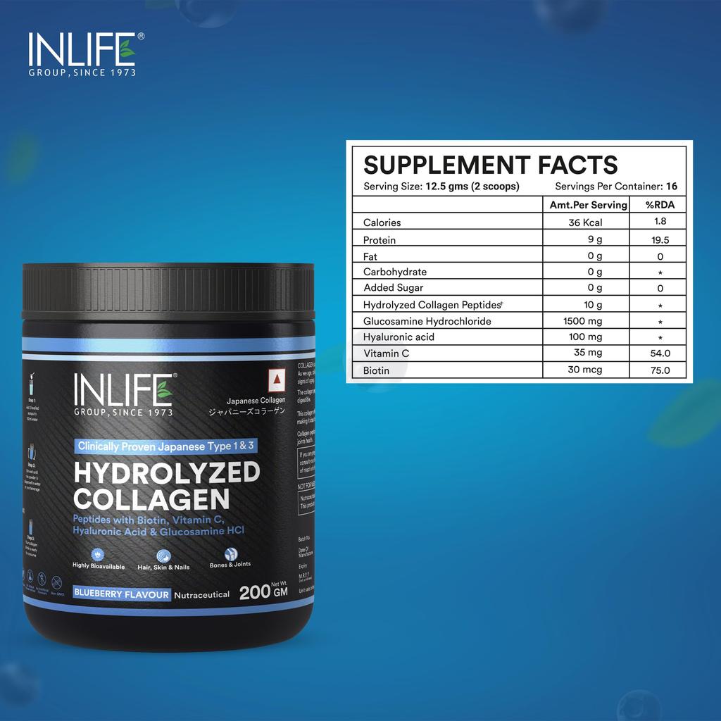 INLIFE Japanese Hydrolyzed Collagen Peptides Powder, Clinically Studied Type 1 & 3, Blueberry 200g for Skin Hair & Joint Health