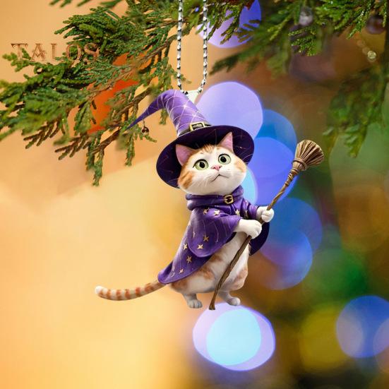 Wizard Hat Cat Hanging Decoration Home Indoor Christmas Tree Car Rearview Mirror 2D Flat Acrylic Broom Kitten Hanging Ornament Animal Pendant