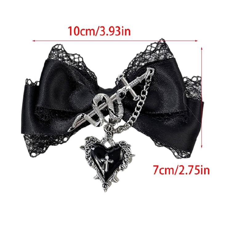 Fermaglio per capelli con design a catena a forma di cuore e fiocco, Barretta in pizzo punk per donna/ragazza, per abbigliamento casual e formale, Accessorio per capelli anime, 2 Pezzi