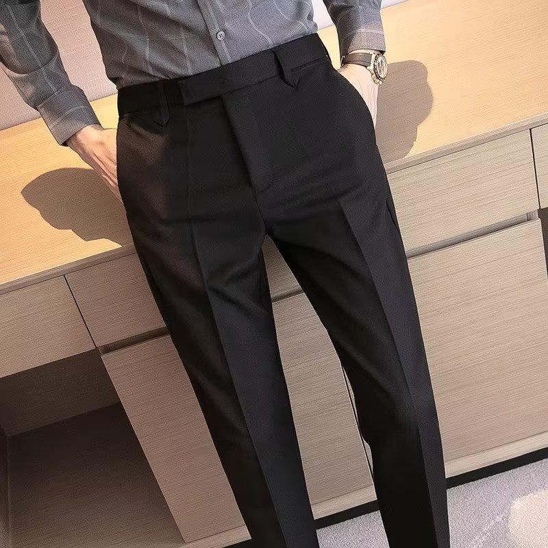 Men's Coffee-Colored Slim-Fit Suit Trousers – British Style, Formal Business Wear for Spring and Autumn