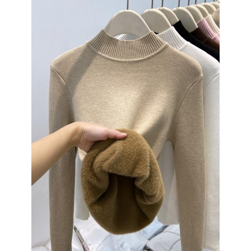 Winter integrated velvet thickened turtleneck knitted bottoming shirt women's warm inner top soft waxy basic sweater