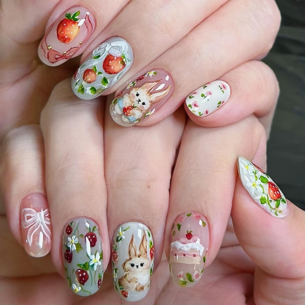 24PCS Sweet Strawberry Cartoon Rabbit Short Oval Press On Nails Cute Bow Cake Pattern Almond Fake Nails for Women Girls Wearable