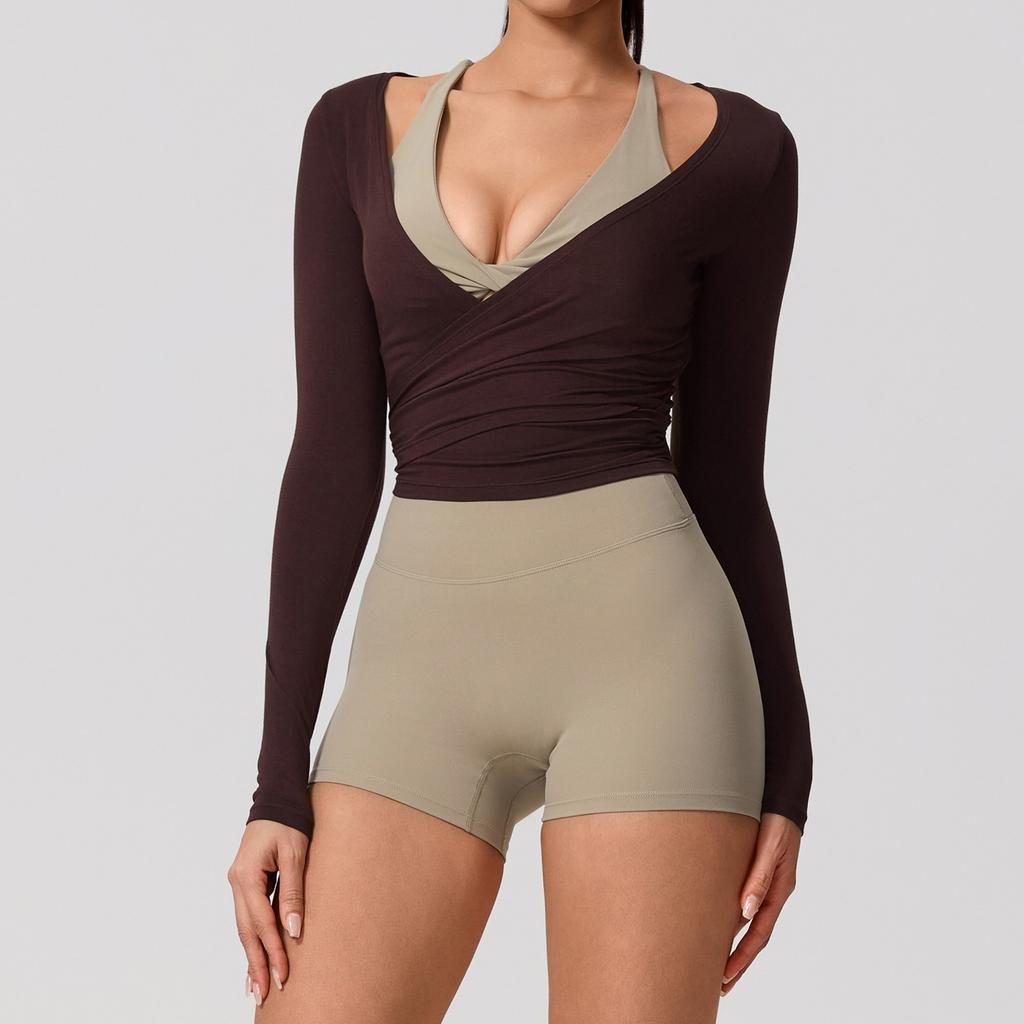 Hearuisavy Summer Women's Yoga Shirt Long Sleeve Sportswear Gym Breathable Quick Dry Sports Top Pilates Dance Ballet Wrap Tops