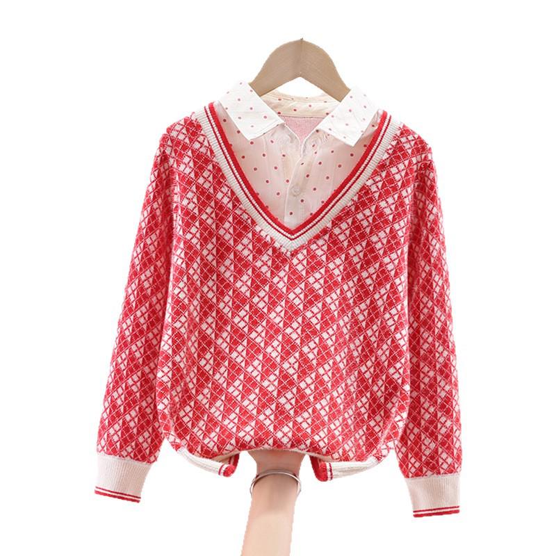 Dívčí mikina se vzhledem dvoudílného kompletu – Módní top s límečkem košile a dlouhým rukávem na jaro/podzim pro velké děti.