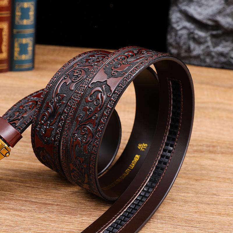 Dragon Pattern Head Layer Cowhide Belt, Fashionable Embossed Personalized Alloy Buckle Imitation Copper Buckle Belt