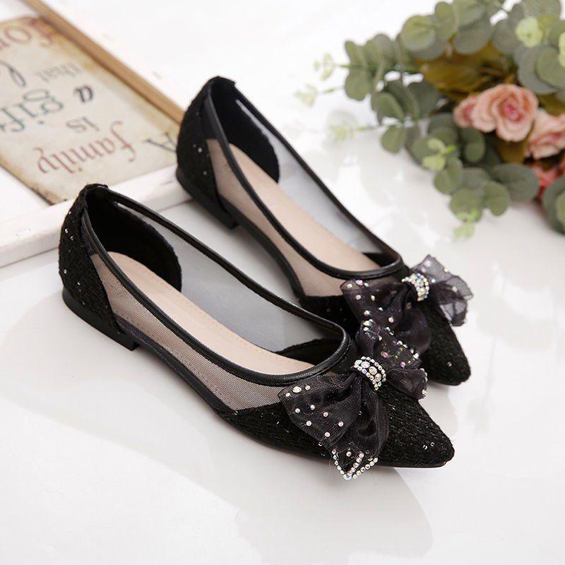 Xianfeng Flat-bottomed Mesh Student Evening Shoes Pointed Bow Shallow Mouth Summer Cool Hollow Single Shoes