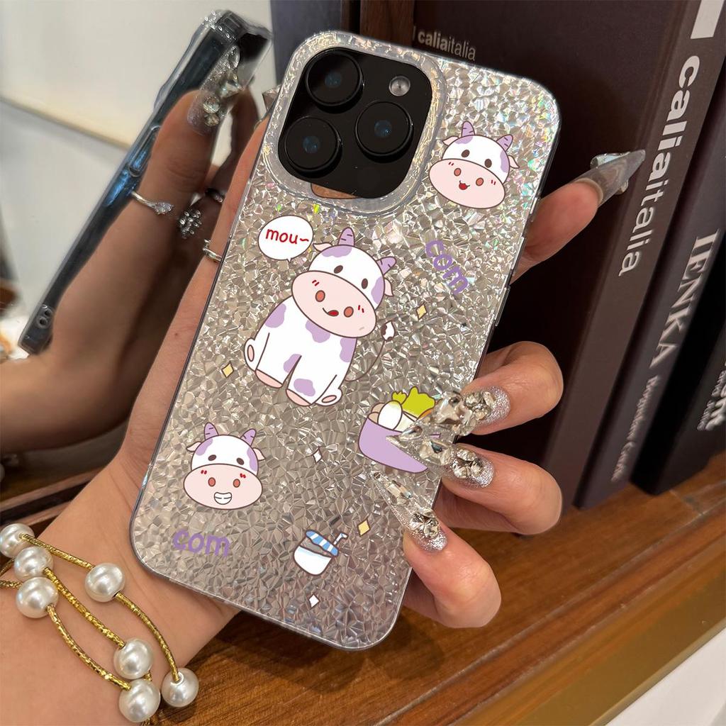 Case for iphone 18 Pro Max 15 14 13 11 17 Pro XR XS Max Air 12 16 Plus Silver Glitter Crackle Background Cute Cow