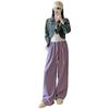 Purple drawstring polished plaid wide-leg pants women's spring, autumn and winter high waist drape loose straight woolen casual sweatpants