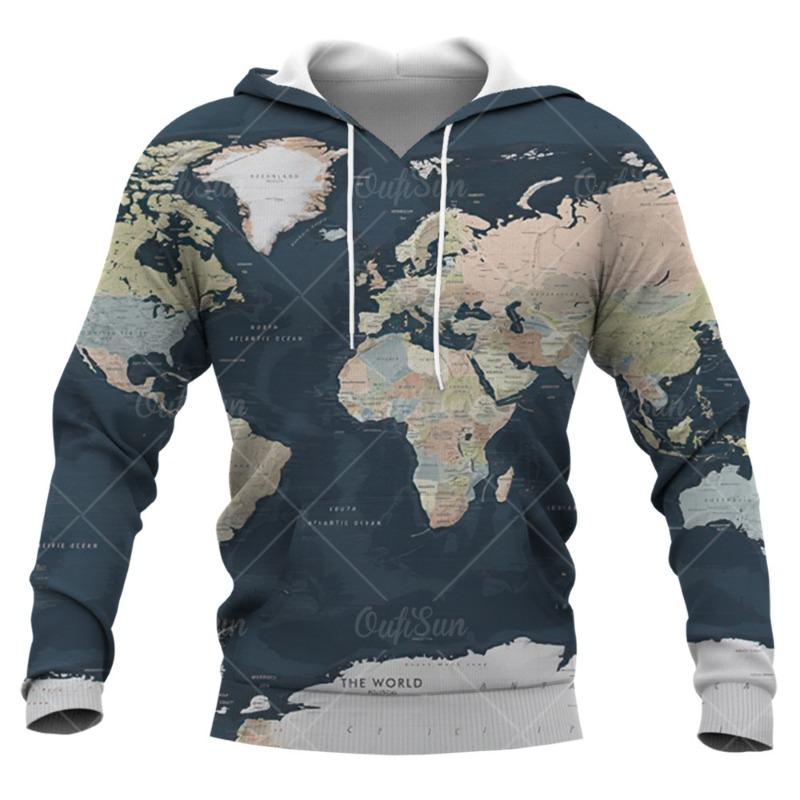 

Мужское худи уличной моды с 3D-принтом карты мира, мужской пуловер, осенне-зимний повседневный свитшот-топ S