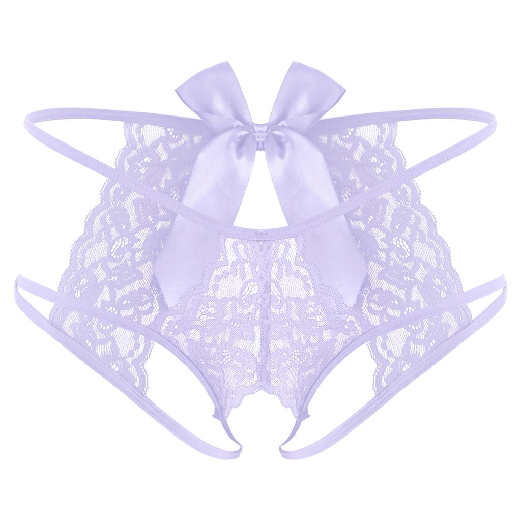 Pánské průsvitné krajkové G-string spodní prádlo se strappy T-back střihem bez rozkroku a mašličkou, dárek na líbánky