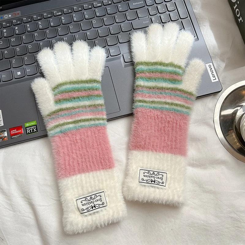 

Striped Knit Gloves Women Winter Cold Protection Warm Colorful Plush Gloves Five-Fingered Touch Screen Outdoor Gloves Fashion