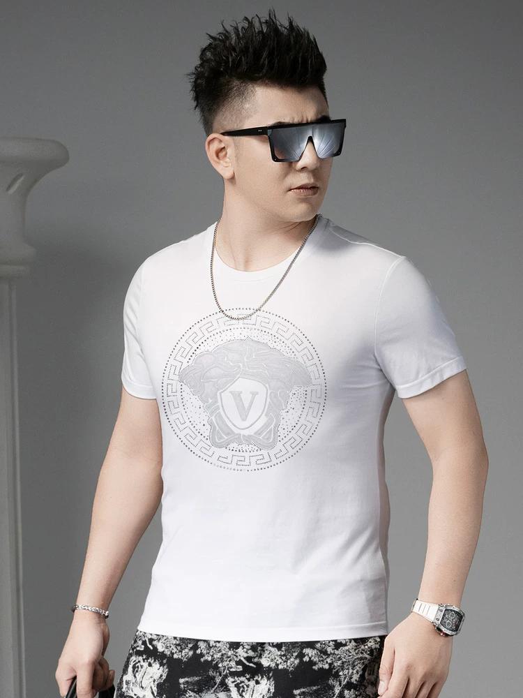 European High-End Rhinestone Printed Short-Sleeve T-Shirt for Men, Summer 2025 New Trendy Brand Half-Sleeve Top Casual Tee