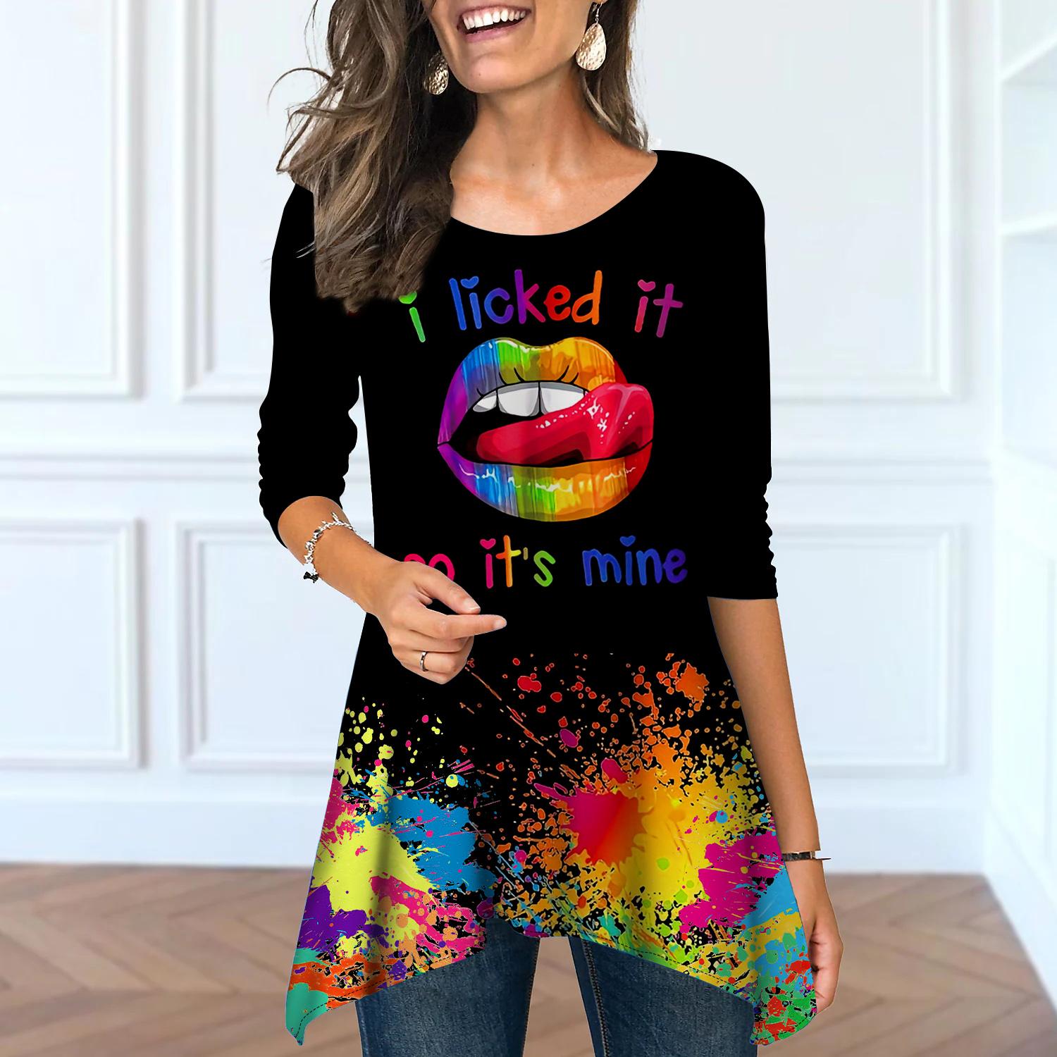 

Женские весенние топы с круглым вырезом и принтом губ, модные футболки с длинными рукавами и неровным подолом 8XL разноцветный