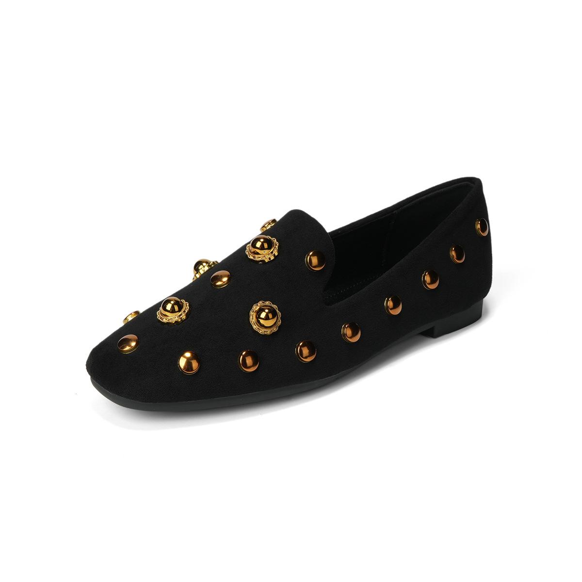 Винтажные балетки с бусинами для женщин, мокасины с квадратным носком, модные лоферы с мягкой подошвой для женщин, повседневные туфли на низком каблуке, удобные 43 чёрный
