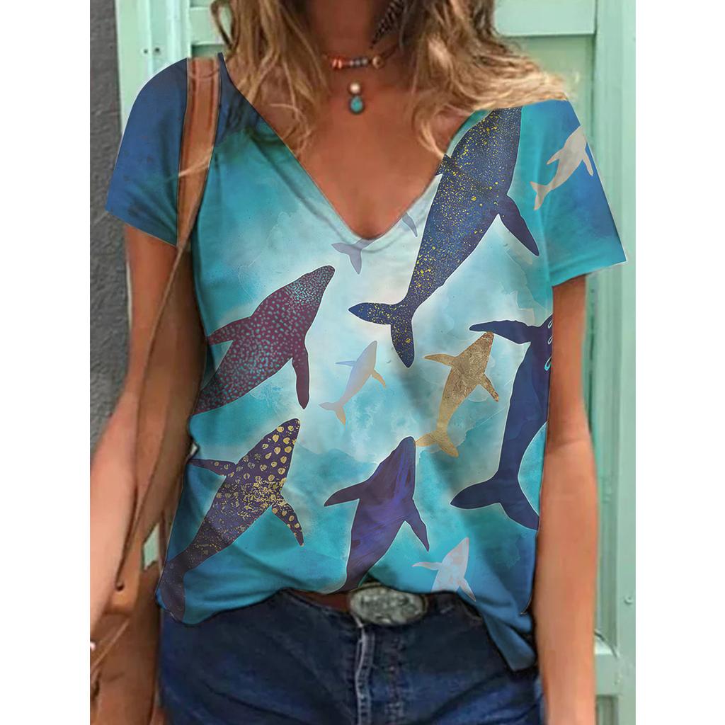 New 3D Printed Short Sleeved Women's Summer Casual Flower and Bird Print V-neck T-shirt