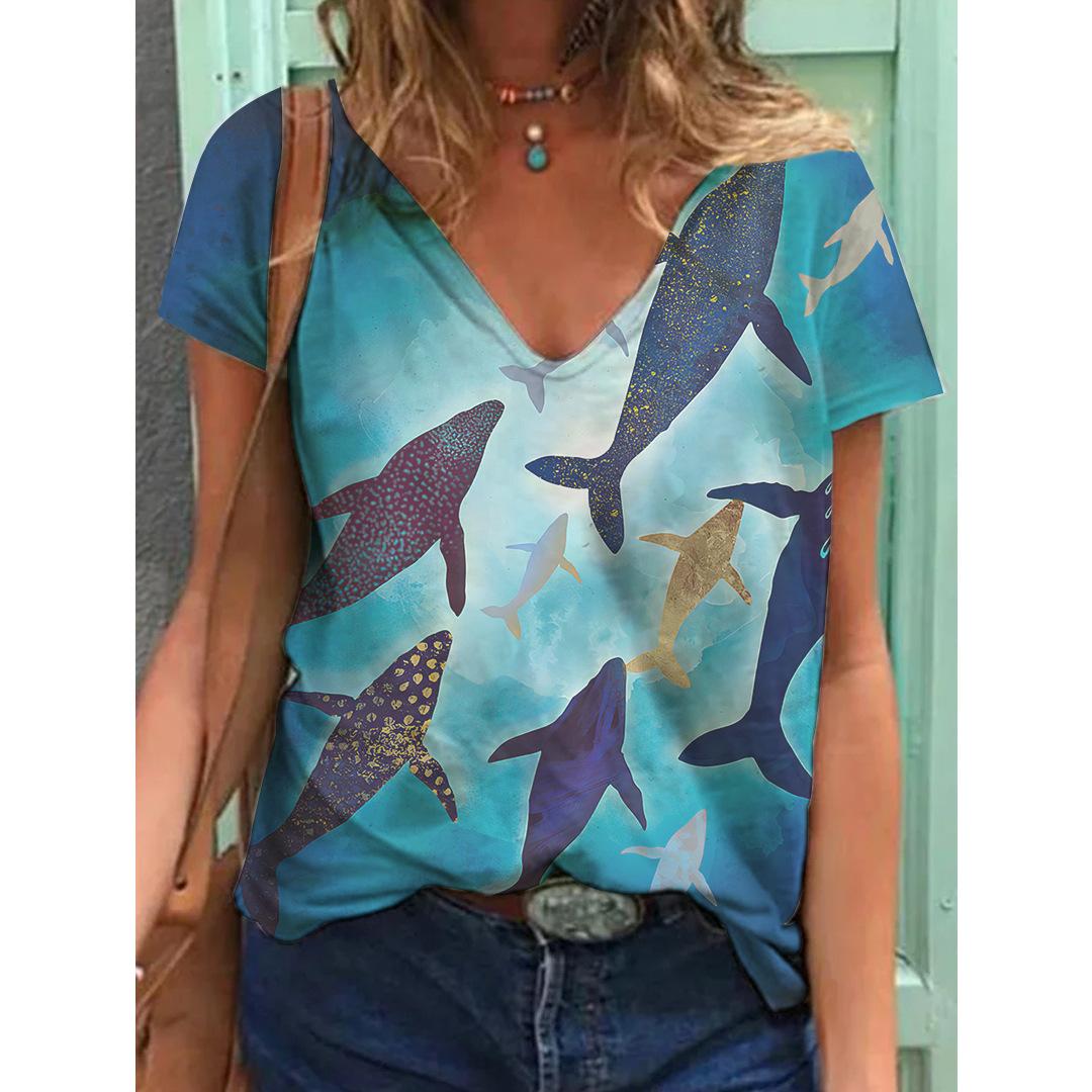 

Новая женская летняя повседневная футболка с коротким рукавом и V-образным вырезом с 3D-принтом цветов и птиц XS