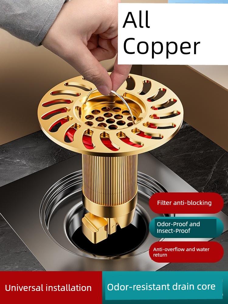 All-Copper Floor Drain Deodorizer, Universal Inner Core Anti-Backflow Valve for Bathroom, Anti-Odor Device for Sewer Pipes, Sealing Cover