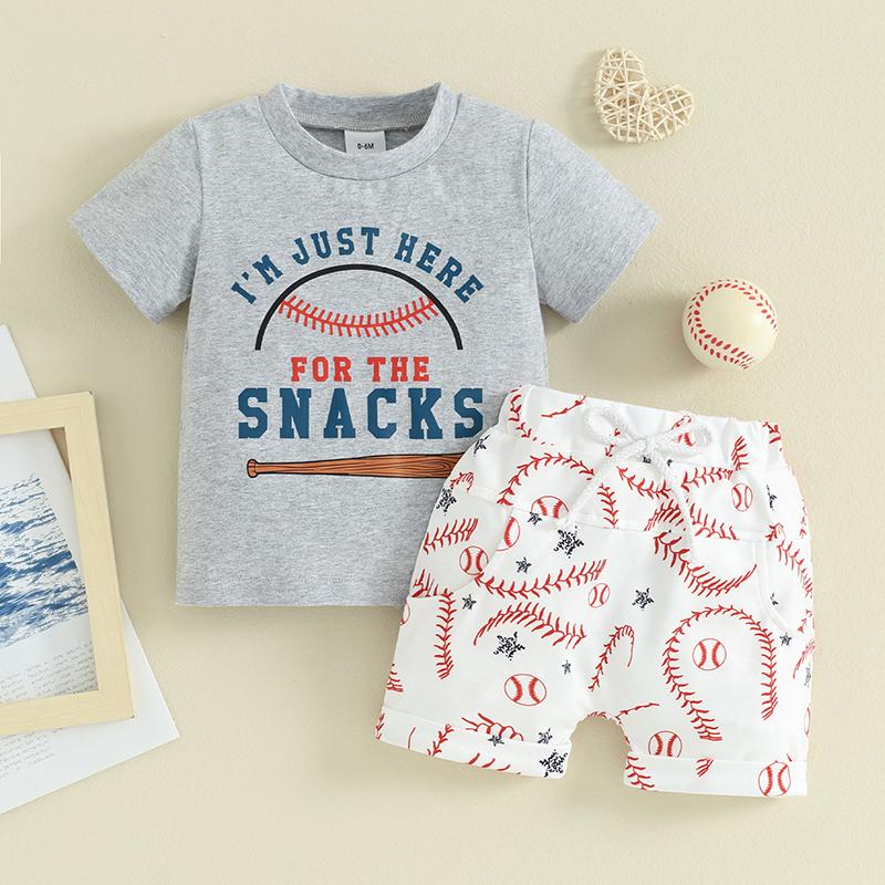 Småbarn gutteshortssett 3 6 12 18 24 måneder 3 år Brevtrykk Kortermet T-skjorte med rund hals og baseballmønster Shorts 2 stk.