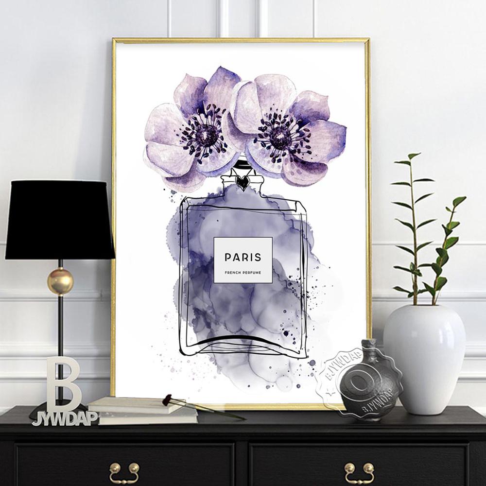 Fashion Illustration Watercolor Floral Prints Art Poster, Flowers Paris Perfume Canvas Painting, Minimalist Wall Decor Girl Gift No Frame