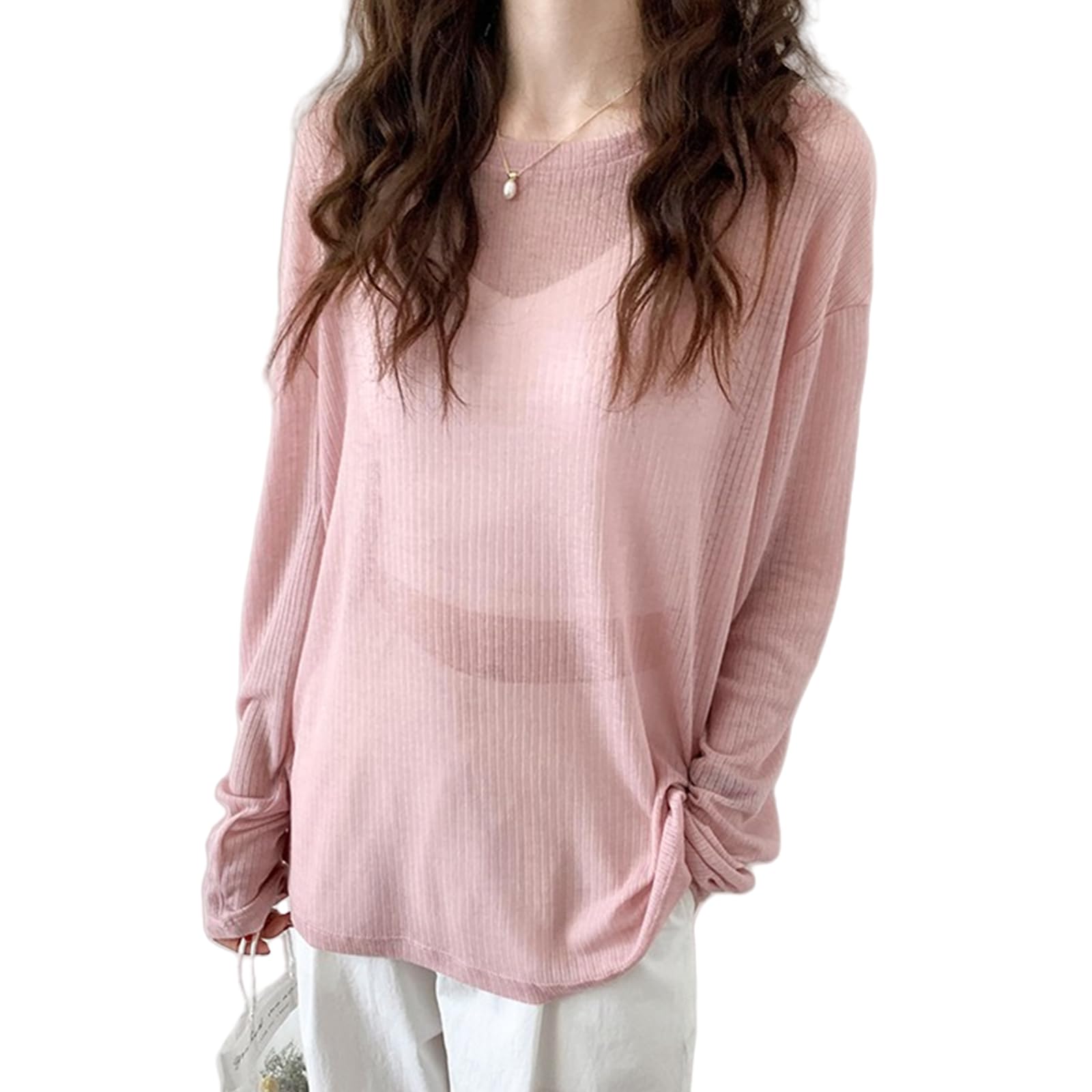 

Catorfarious Летний Трикотаж Длинный Носок Сетка Свободный Кондиционирование УФ Солнце Однотонный Осень Женский Свитер, Пуловер, Рукав, Горловина, Топ, Прозрачный, Посадка, розовый