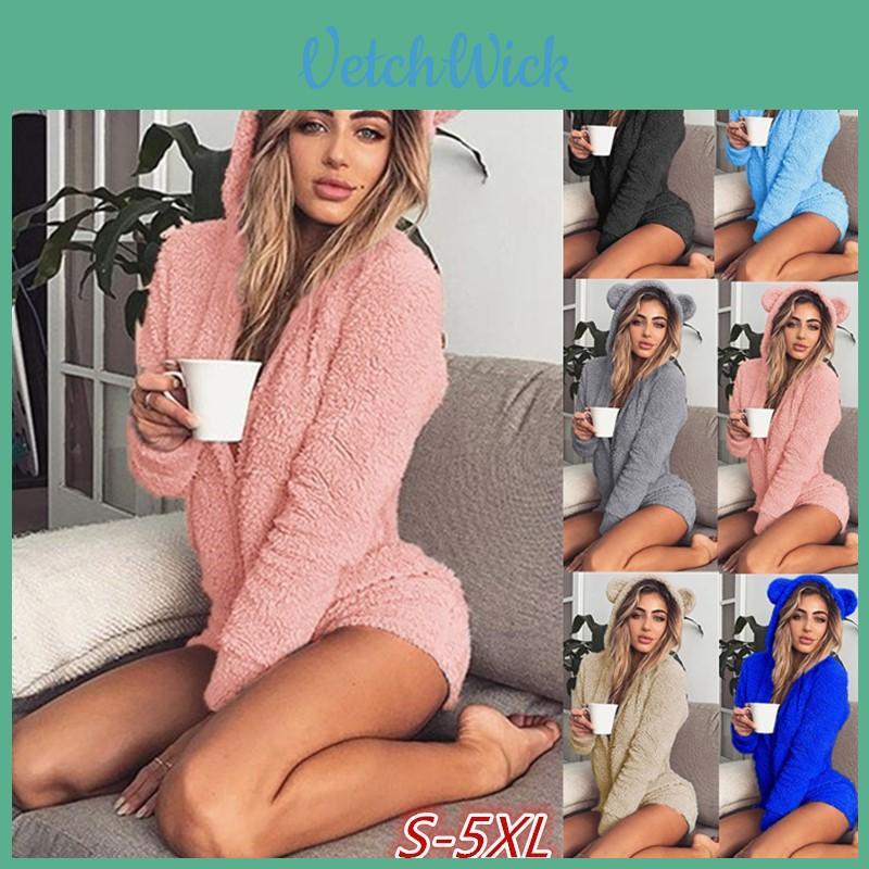 Cozy Women's Fluffy Faux Fleece Hooded Shorts Romper Pajamas Nightwear Set