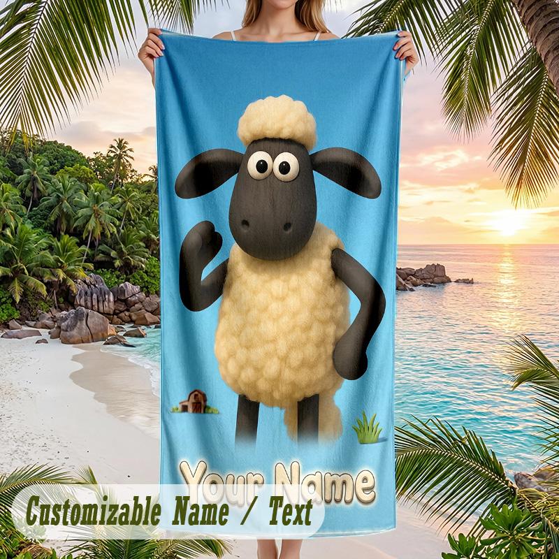Shaun the Sheep Beach Towel, Personalized Custom Text, Quick Dry Soft Large Towel For Swimming Pool Travel
