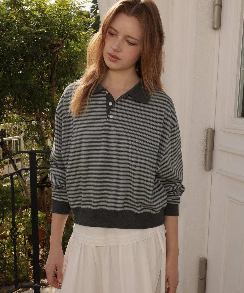 DEHEVE Collar Stripe Sweatshirt [Gray]