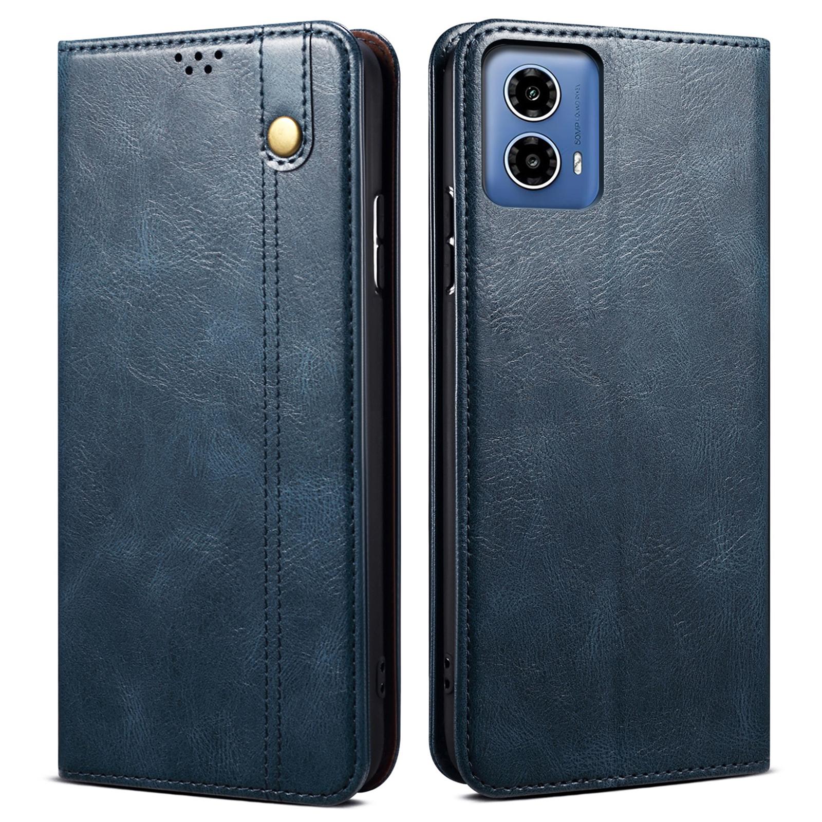 

For Motorola Moto G35 5G Case Crazy Horse Texture Waxy Leather Wallet Stand Phone Cover Blue