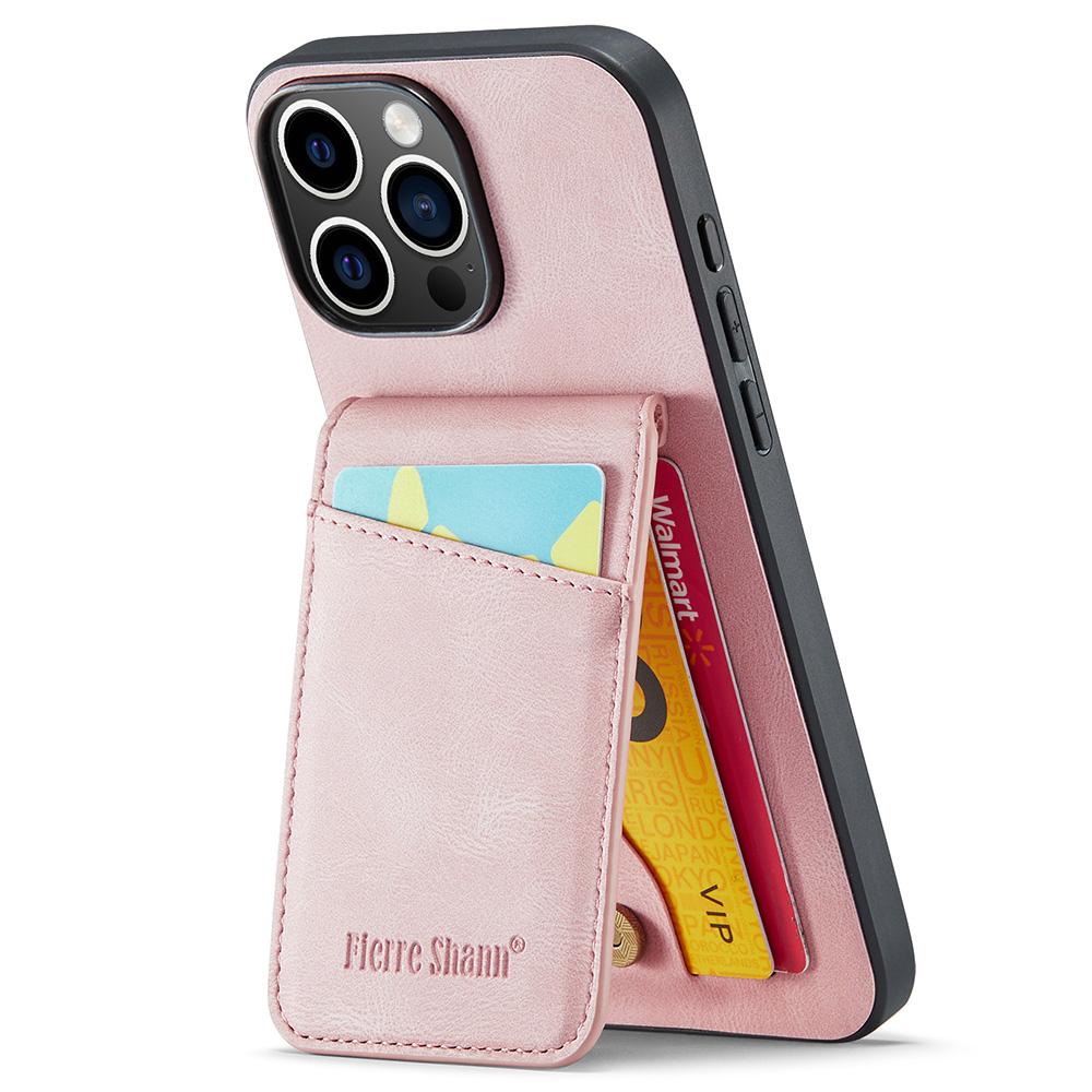FIERRE SHANN For iPhone 16 Pro Max Case Card Holder Kickstand Leather RFID Blocking Back Cover