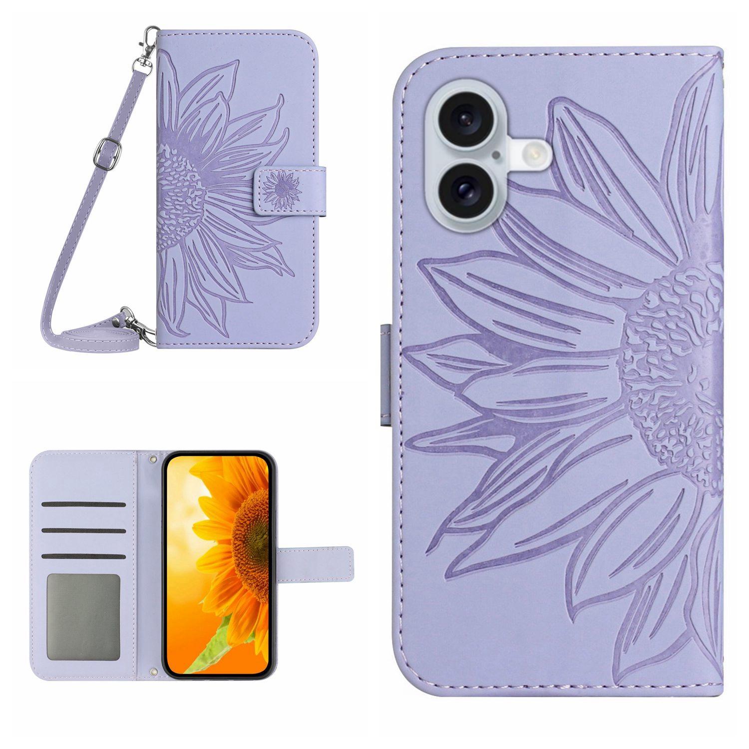

HT04 For iPhone 16 Plus Case with Shoulder Strap Leather Phone Cover Sunflower Pattern Light Purple