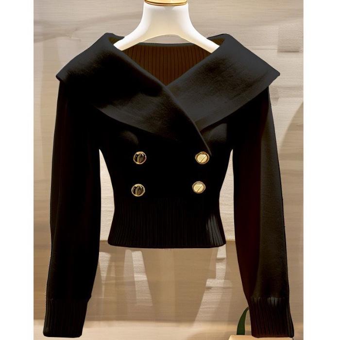 2026 Autumn/Winter French Chic White Lapel Knitwear: Women's Elegant, Waist-Cinched Slimming Sweater.