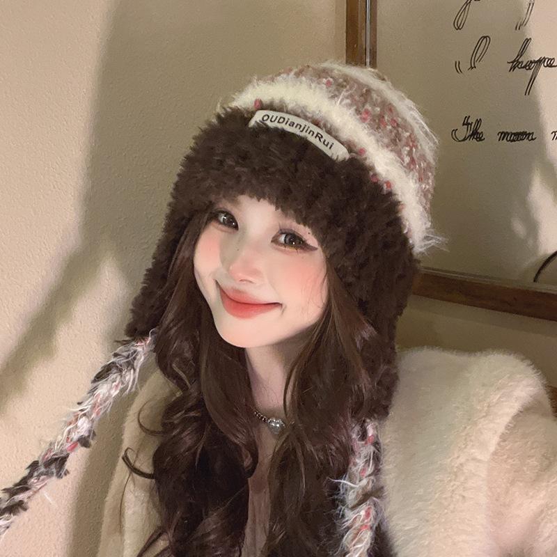 Maillard Wool Hat for Women with Winter Face Showing Small Thickened Warm Braids Ear Protection Hats with Cold Protection Versatile Plush Knit Hats
