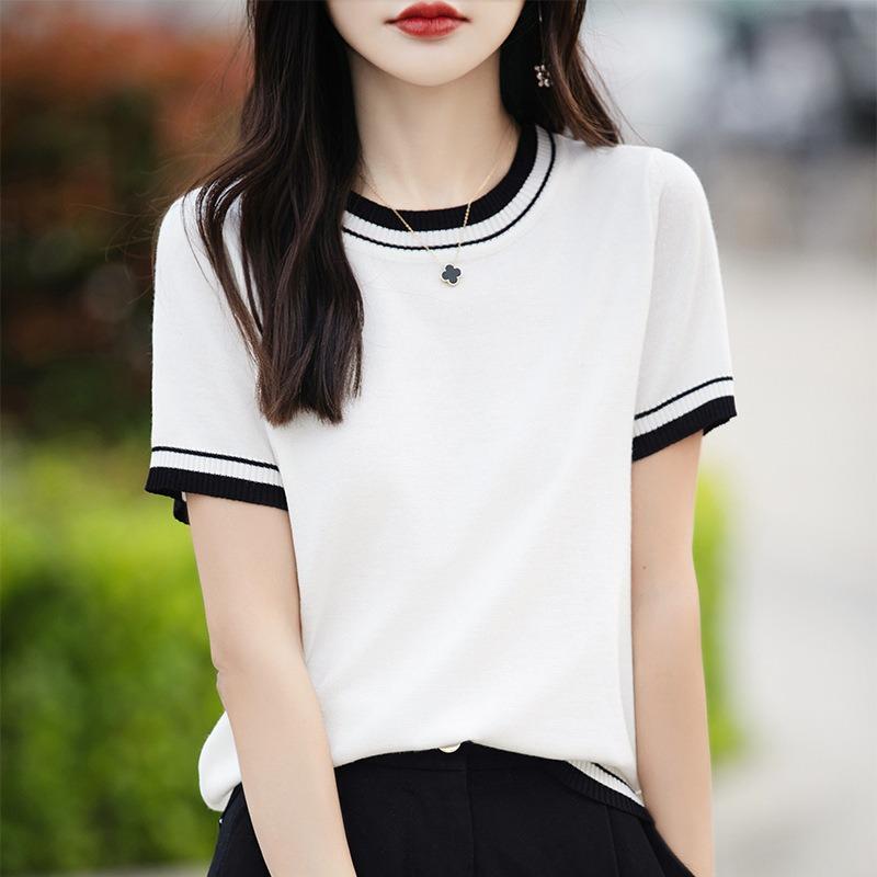 Women's Summer Thin Color Matching Round Neck Short Sleeve Knitted Bottom Top