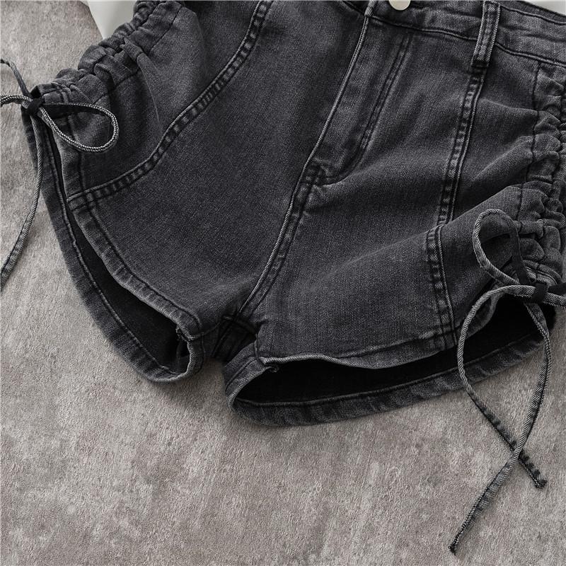 Skinny Fashionable and Versatile Stretch High-waisted Denim Shorts Female Summer Slim Drawstring Design Sense of Wide-legged Pants A Word Pants