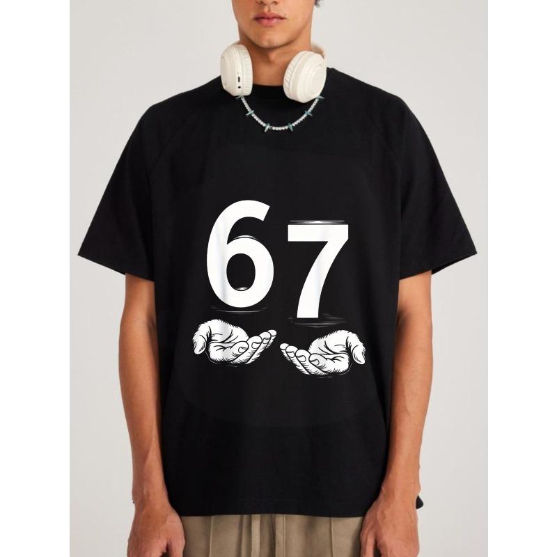 

White T Shirt with 67 Number and Cloud Pattern for Casual Wear XXXXL чорний