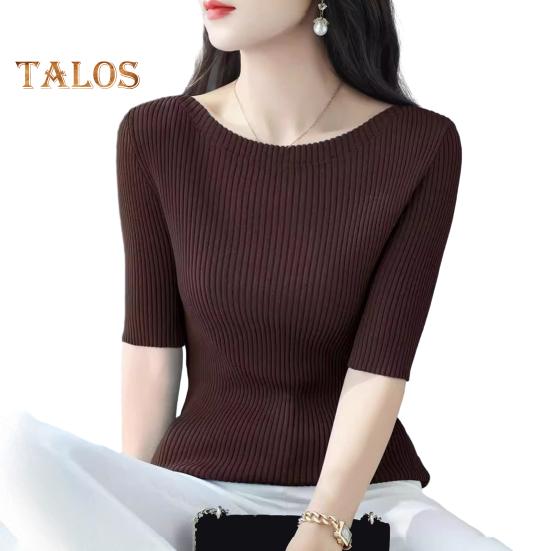 Women Tops Slim Fit Solid Color Ribbed T-Shirt Round Neck Half Sleeve Elastic Pullover Tops Daily Wear