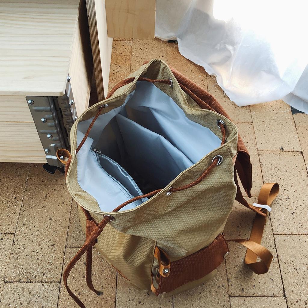 Schoolbag Japanese retro tooling style low saturation color matching flip drawstring backpack couple casual commuting versatile backpack