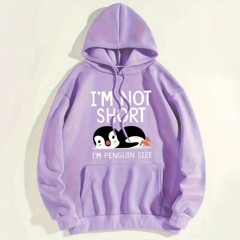 Cute Penguin Print Hoodie Loose Fit Long Sleeve Pullover Sweatshirt Men Casual Wear